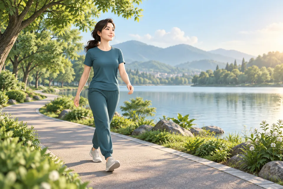 Minh họa người phụ nữ đi bộ trên đường trong công viên ven hồ